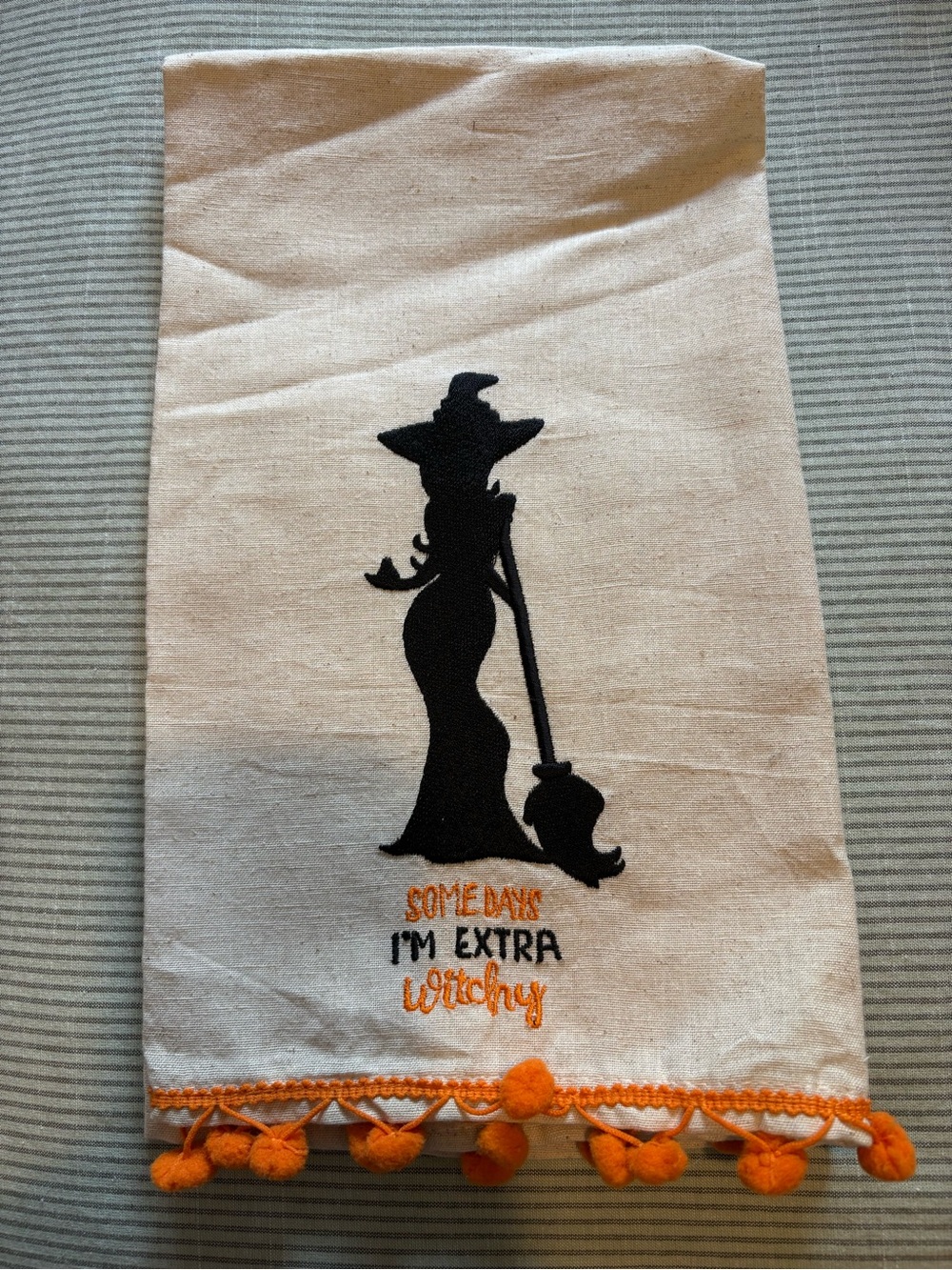 Tea Towel with Black Witch Silhouette & Orange Trim